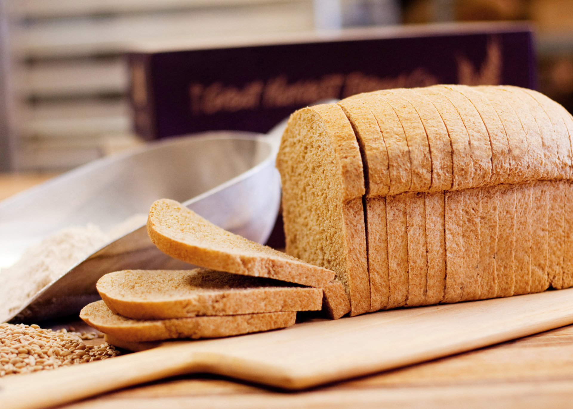 Sliced Honey Whole Wheat loaf showing soft crumb