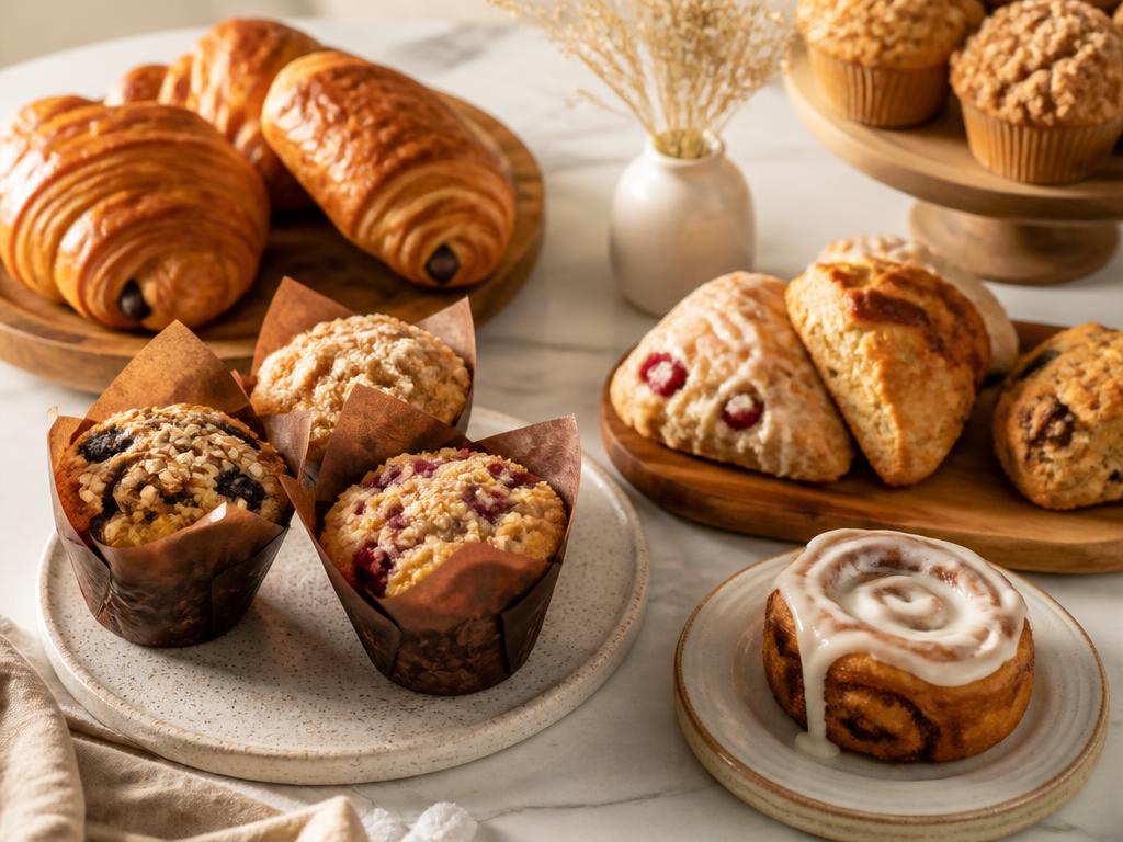 Fresh-baked muffins, scones and mini cinnamon rolls for a breakfast catering tray