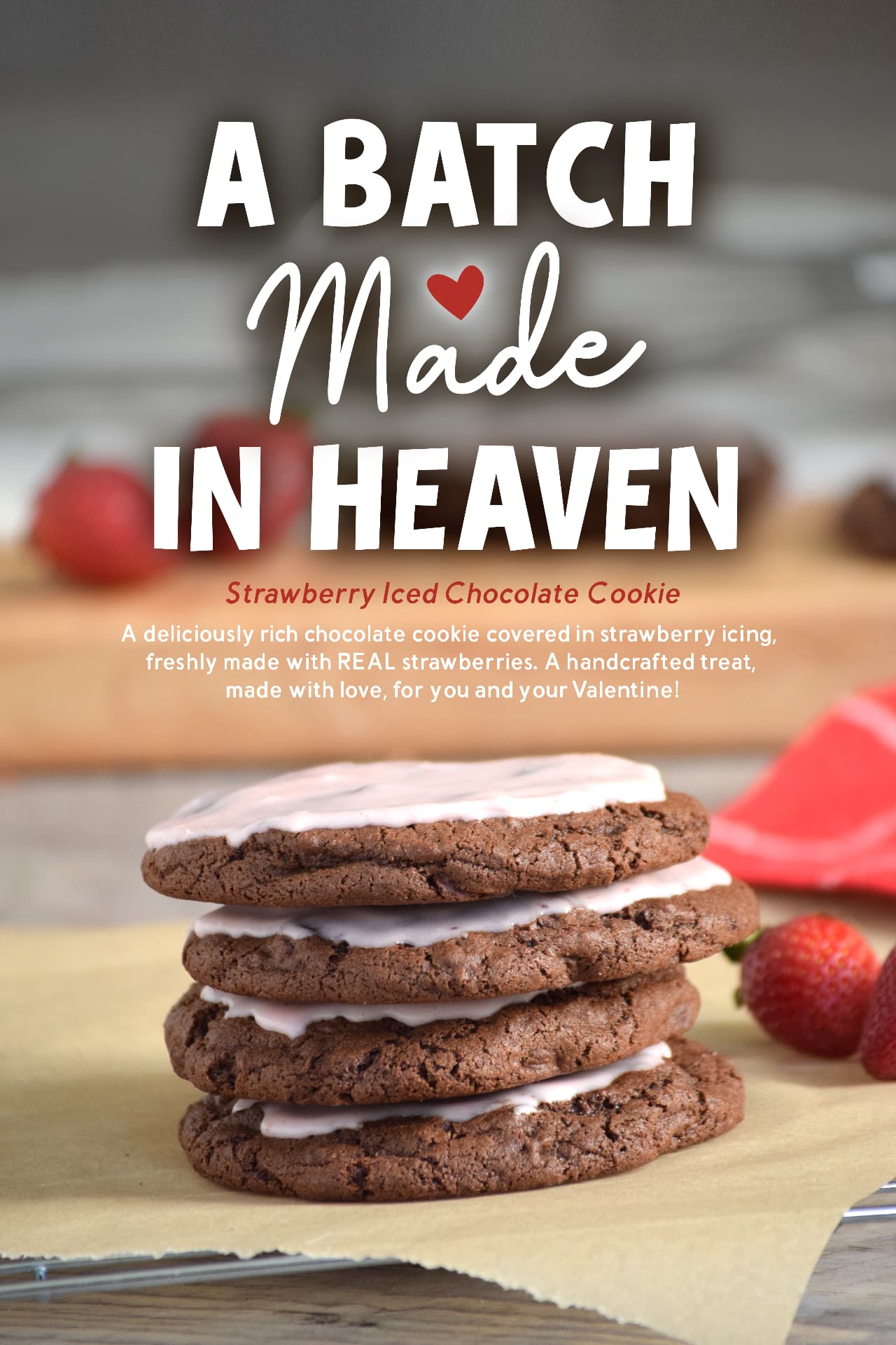 Stack of strawberry iced chocolate cookies made with real strawberries