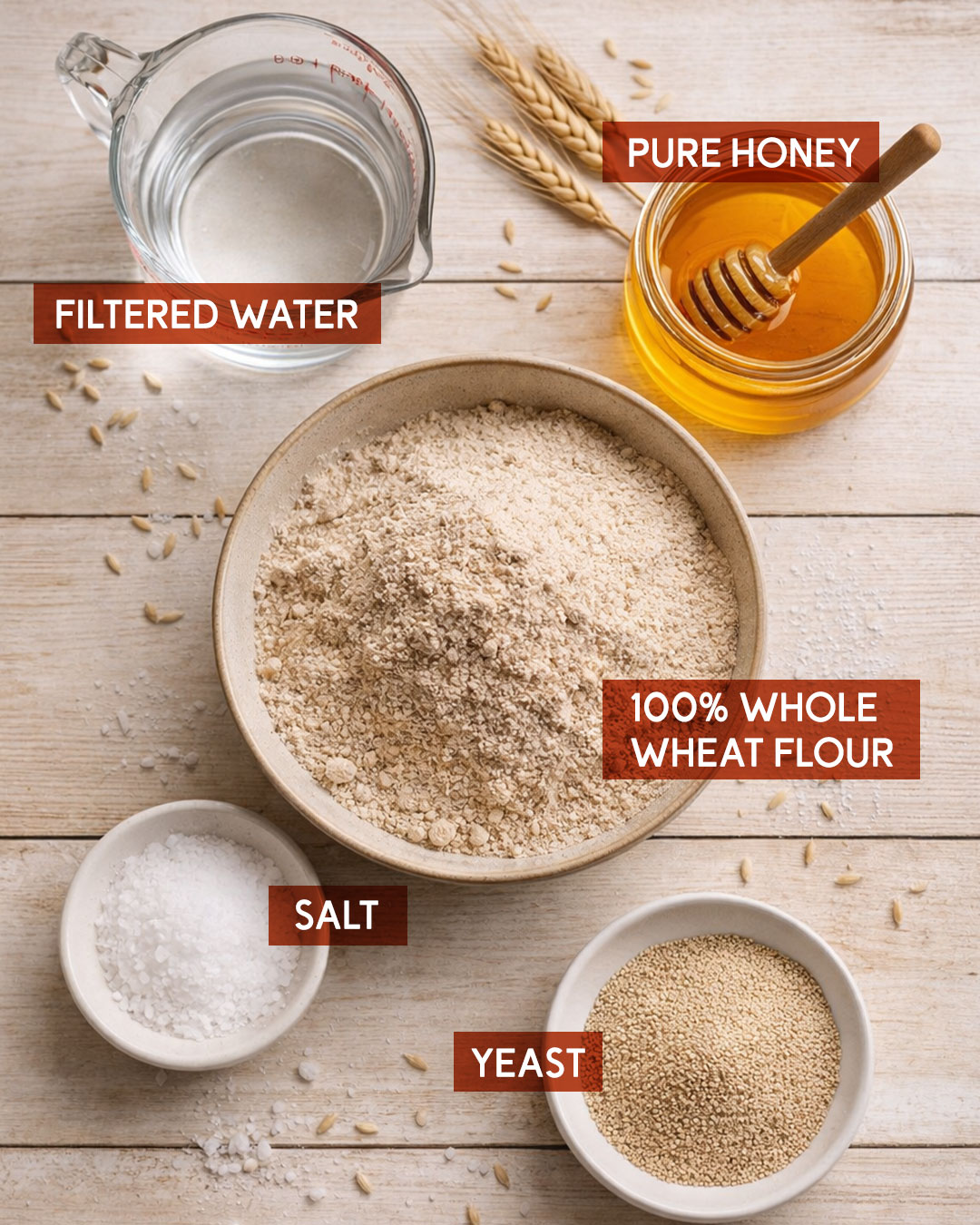 Wooden surface with bowls of filtered water, pure honey, 100% whole wheat flour, salt and yeast