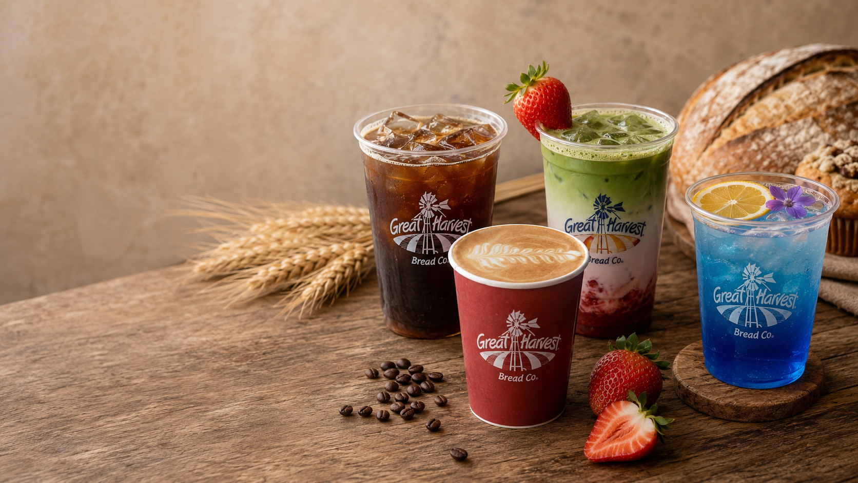 Assorted Great Harvest espresso drinks: iced coffee, latte, strawberry matcha, and a refreshing blue specialty beverage alongside fresh bread and strawberries