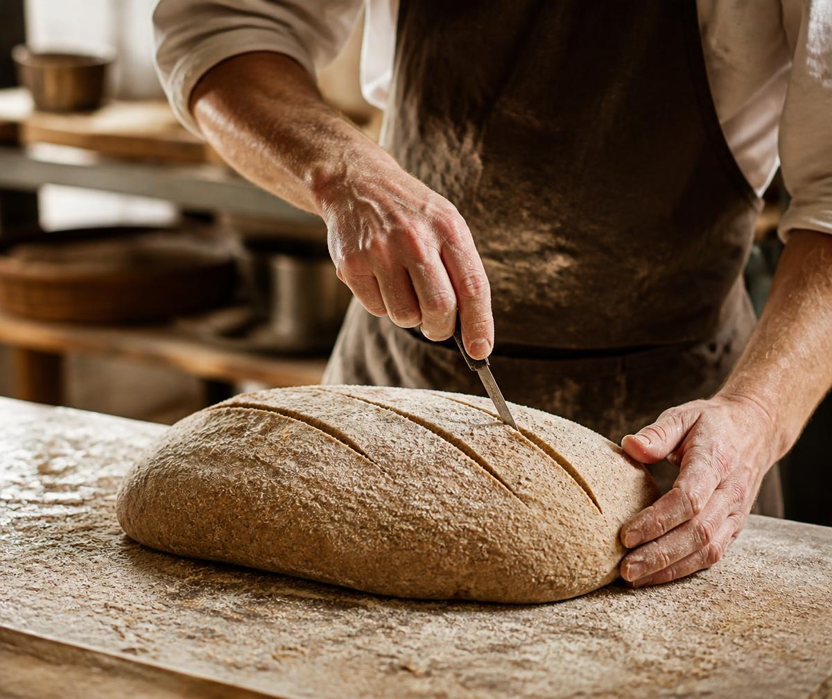 Baker scoring a whole grain loaf by hand before it goes into the oven