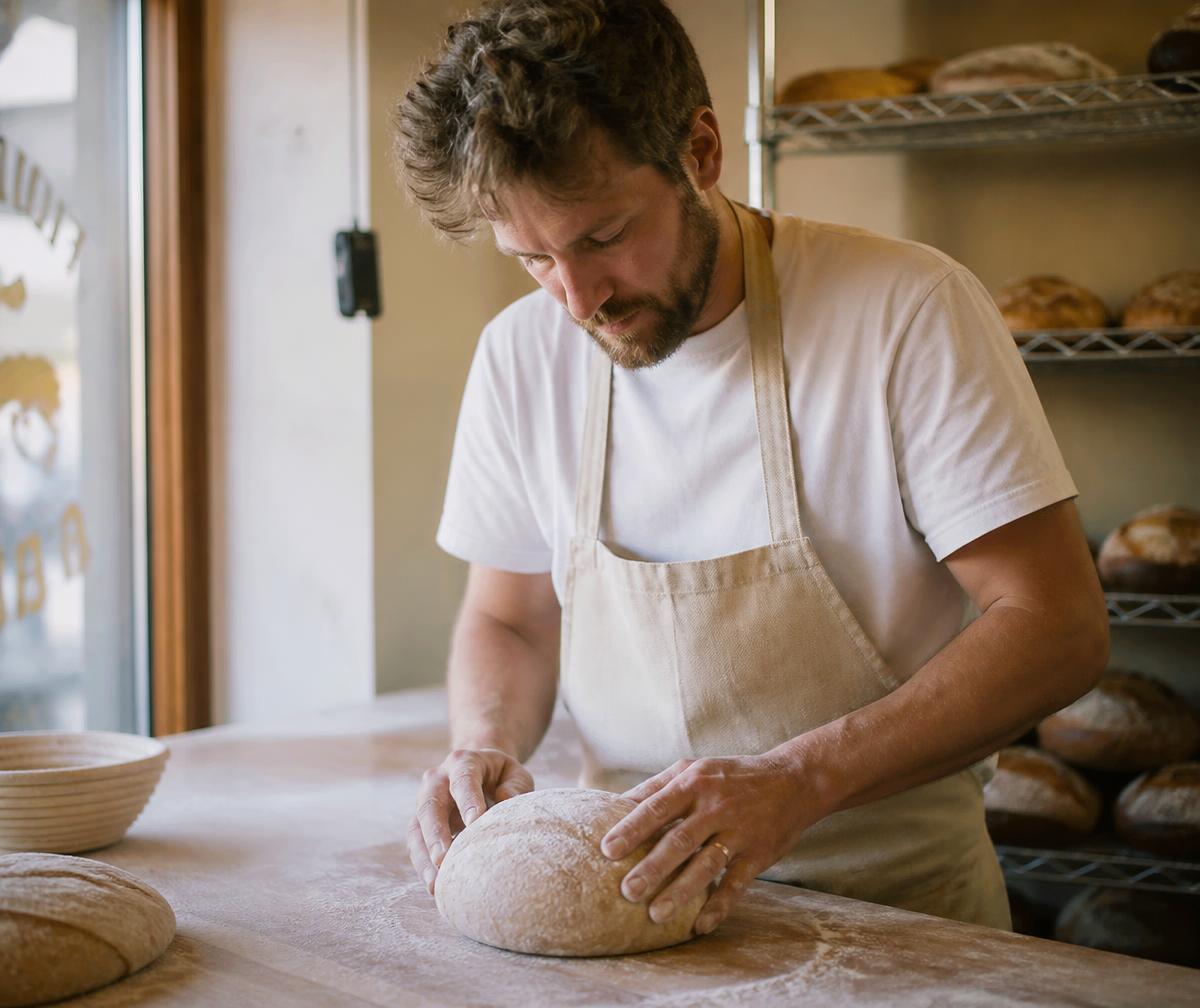 Baker shaping a whole wheat loaf by hand before it rises