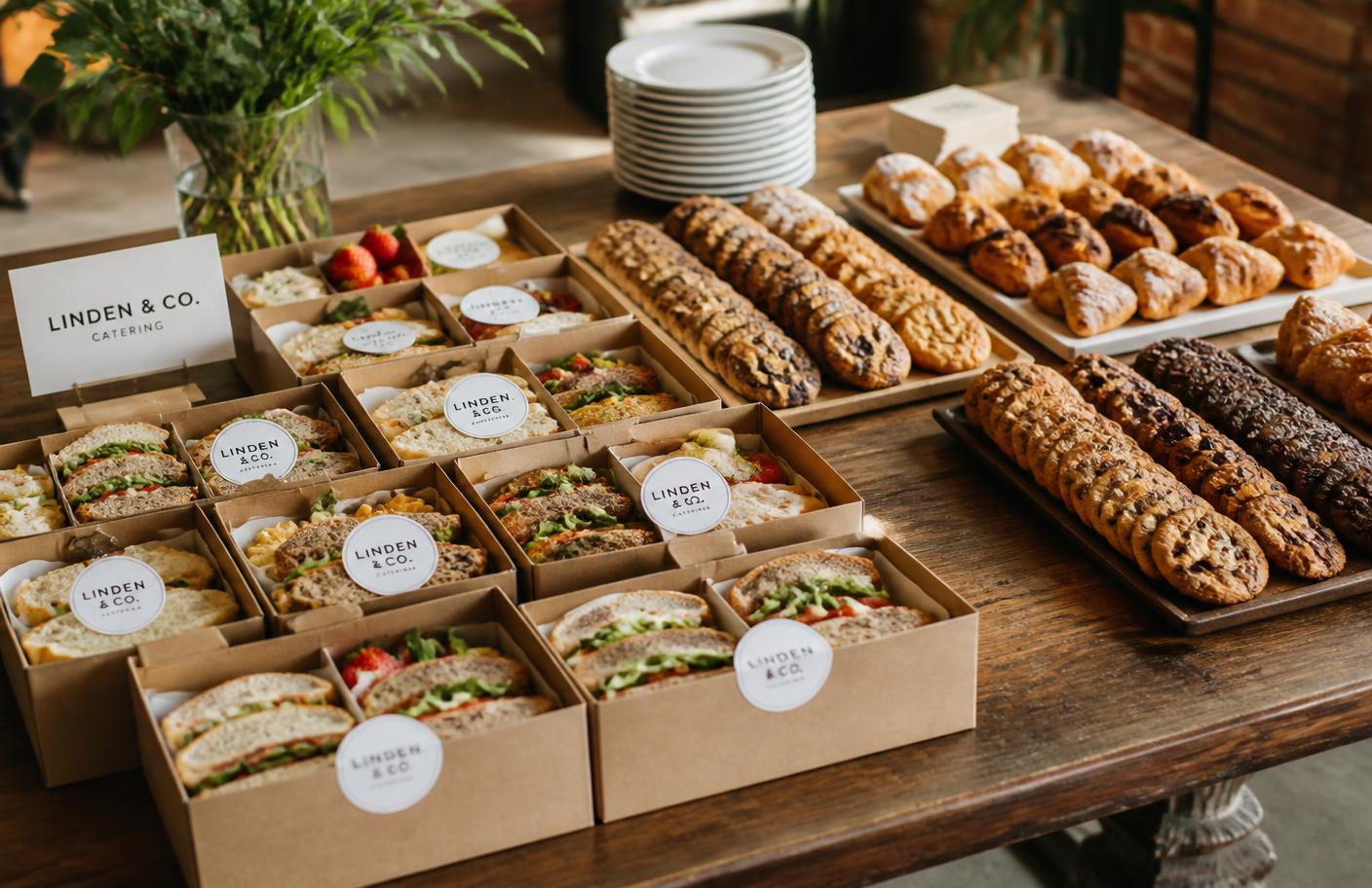 Boxed lunches and cookie trays packed for a catering delivery