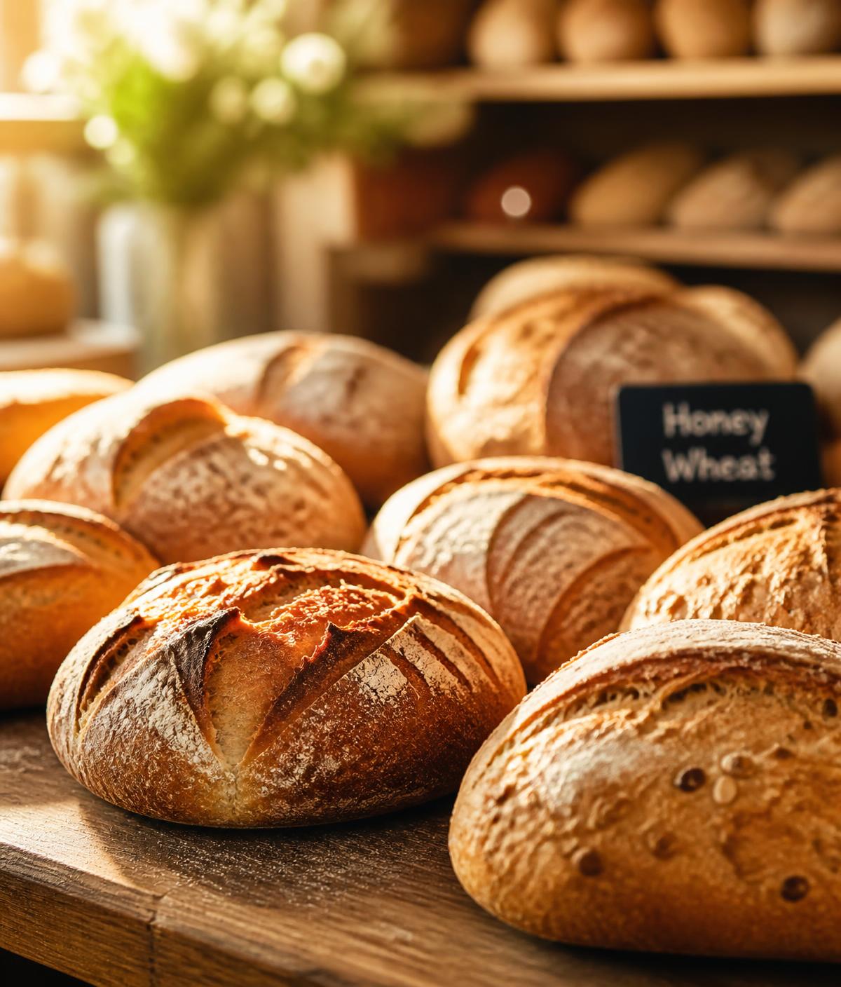 Freshly baked loaves of whole grain bread cooling in the bakery