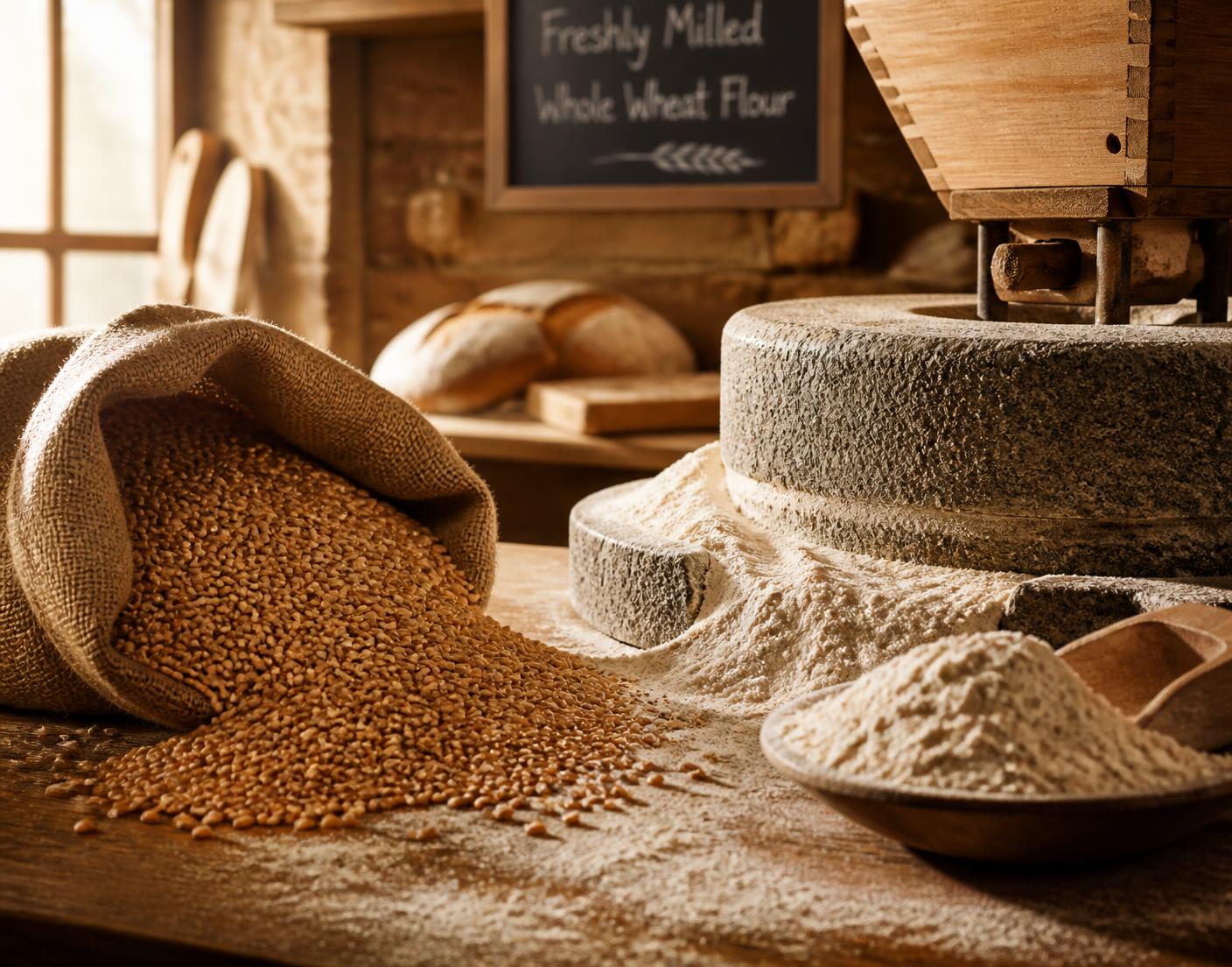 Whole wheat berries beside the bakery stone mill and freshly milled whole grain flour